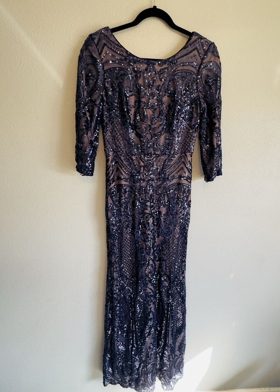 Alex Evenings Sequin Fit and Flare Long Dress Sz4 Prom Mother of Bride Navy Nude